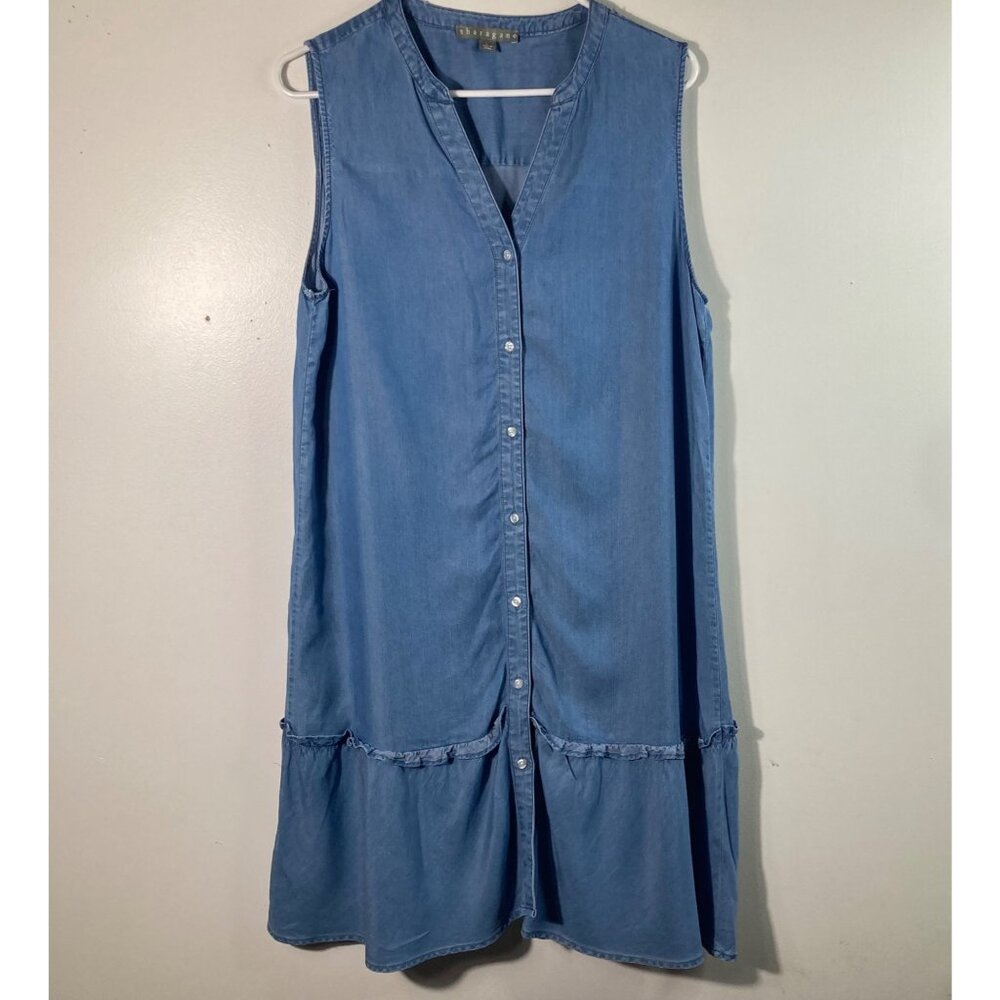 Womens Sharagano Chambray Button Front Dress Peplum Hem Knee Blue L Lyocell Slee